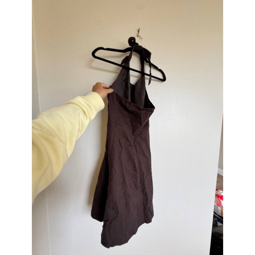 Vintage Chocolate Brown Halter Dress 8 Y2K Cotton Linen Euro Summer Boho Coastal - Picture 4 of 5